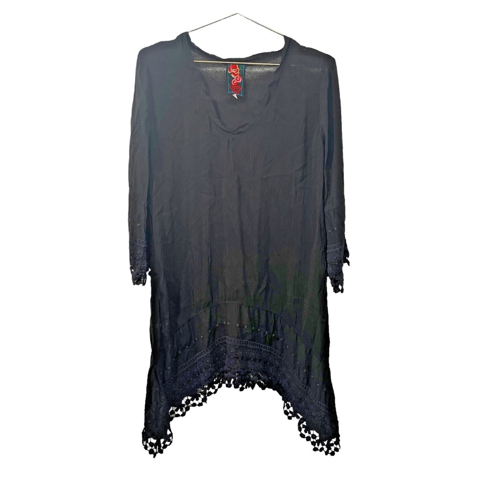 Johnny Was Black Floral Lace Dress Asymmetrical Hem